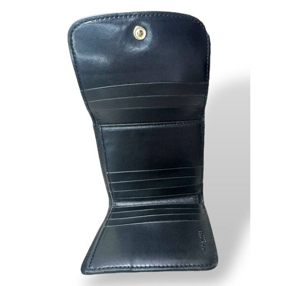 Coach Small Tri-Fold Wallet Black Leather & Signature Canvas Card Holder - Picture 5 of 13